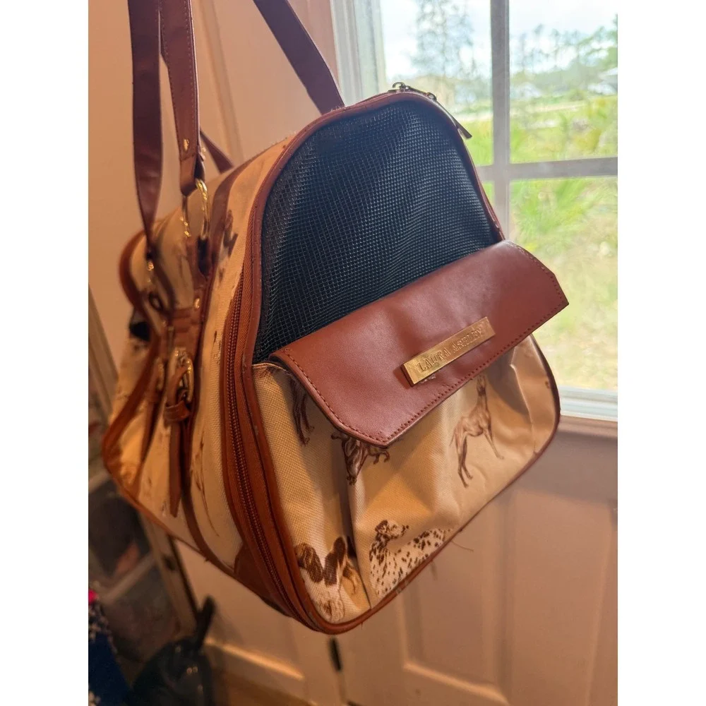 Laura Ashley Dog Print Pet Carrier Bag Brown Tan Canvas Small Animal Travel Tote
